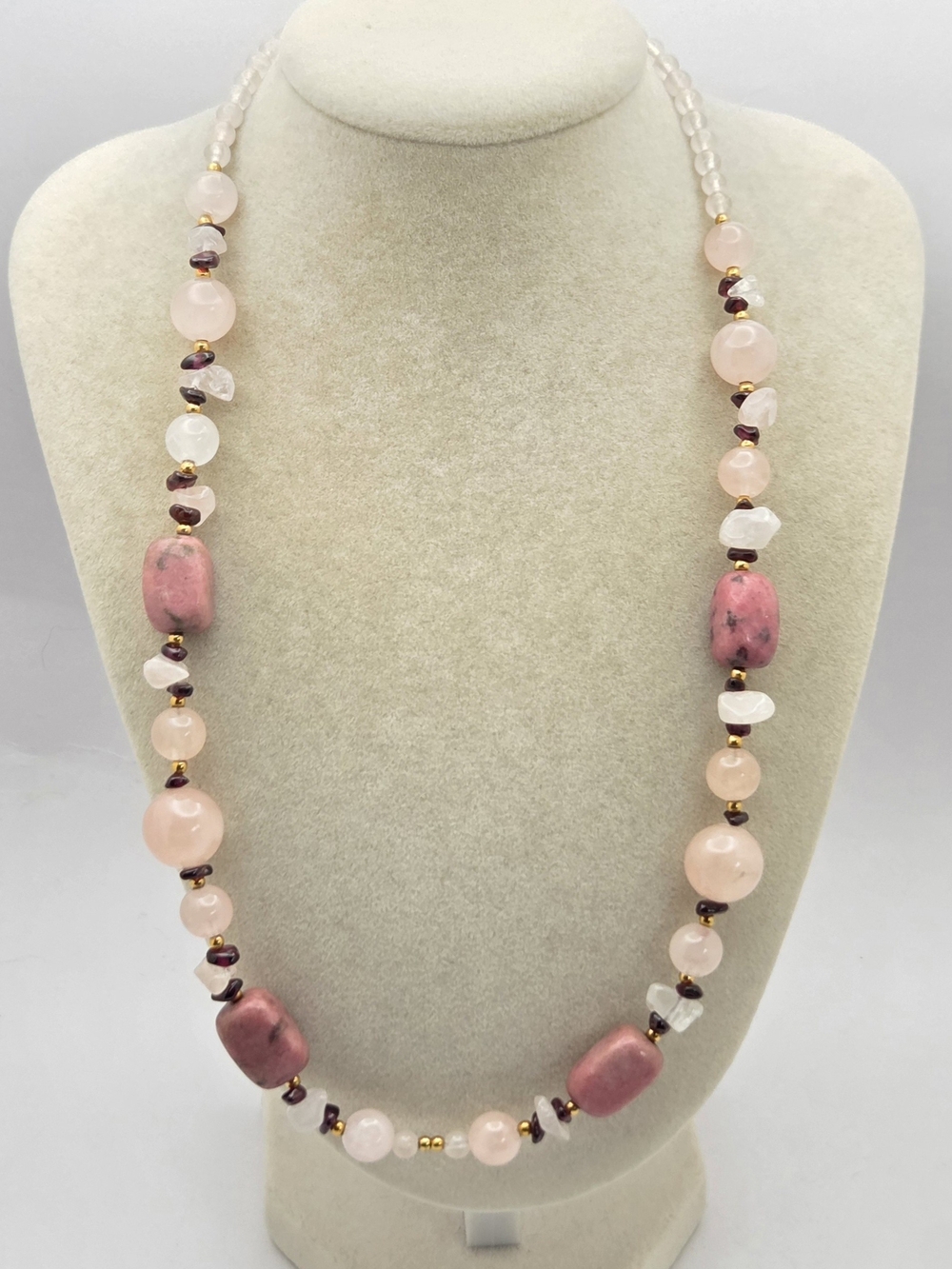 Genuine Gemstone Necklace 19” Pink Rhodonite Rose Quartz Garnet Gold Tone Clasp